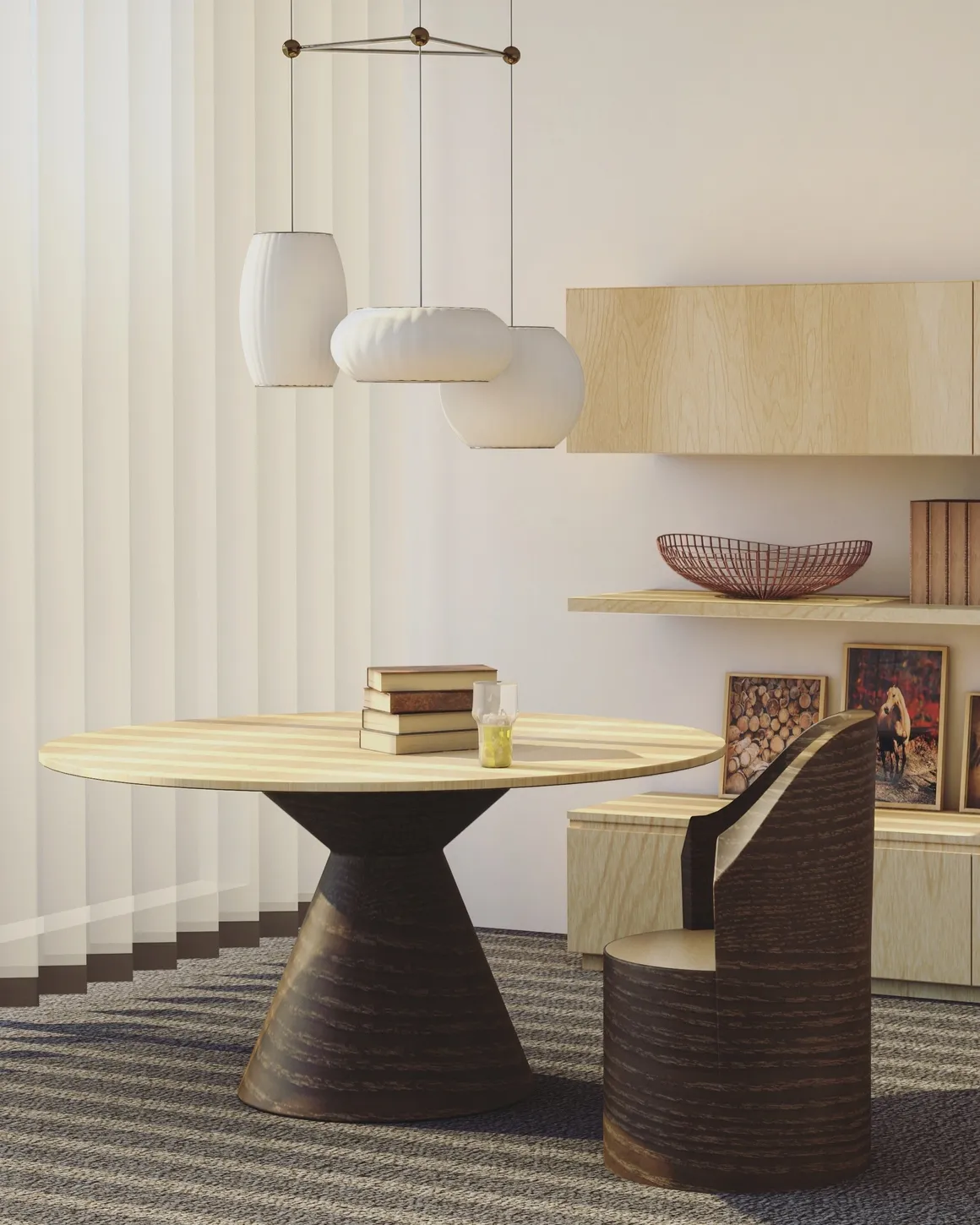 Modern round table with a unique hourglass base and stacked books.